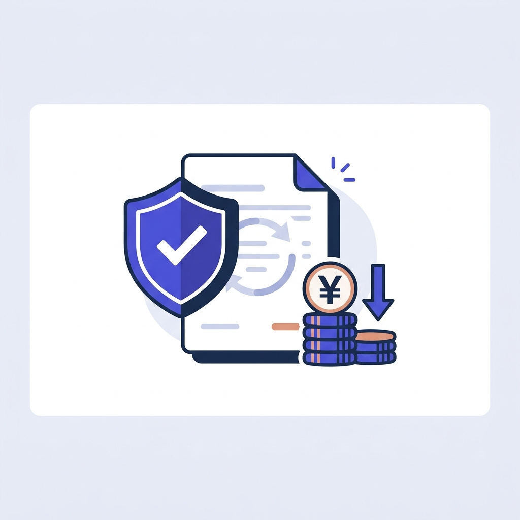 自動更新とコスト削減を表すシールドとコインのイラスト